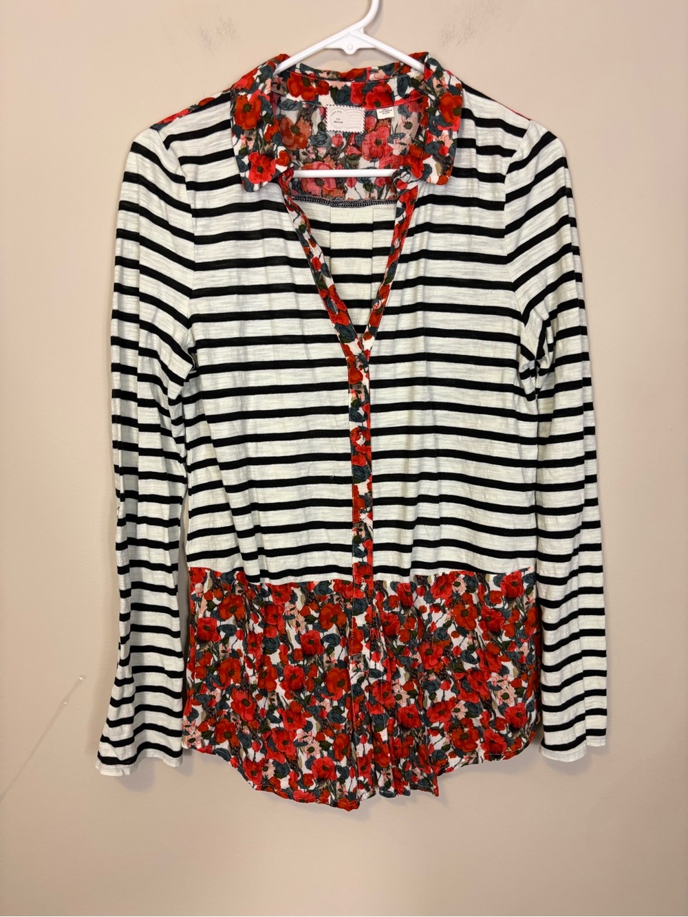 Anthropologie Black & White Striped Long-Sleeve Top with Red Floral Trim Medium